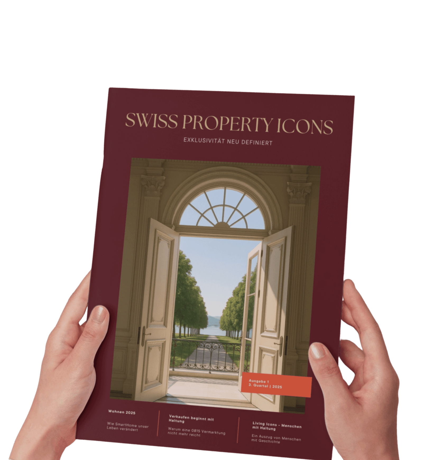 Gedrucktes Magazin von Swiss Property Icons in zwei Händen