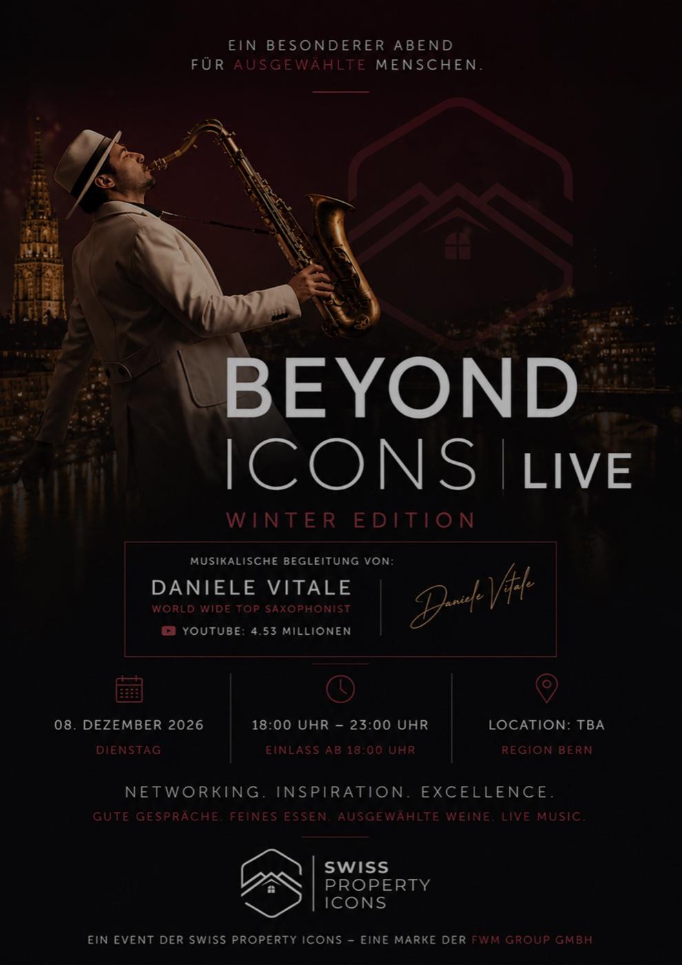 Das Plakat zum Abend Beyond Icons LIVE, Winter Edition, am Dienstag, 8. Dezember 2026, 18.00 bis 23.00 Uhr, Stufenbau, Ittigen