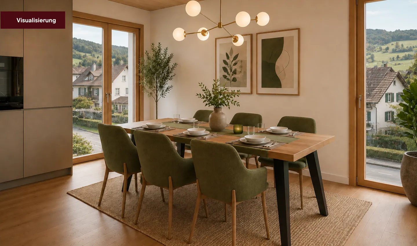 Essbereich mit Blick über das Dorf, Visualisierung