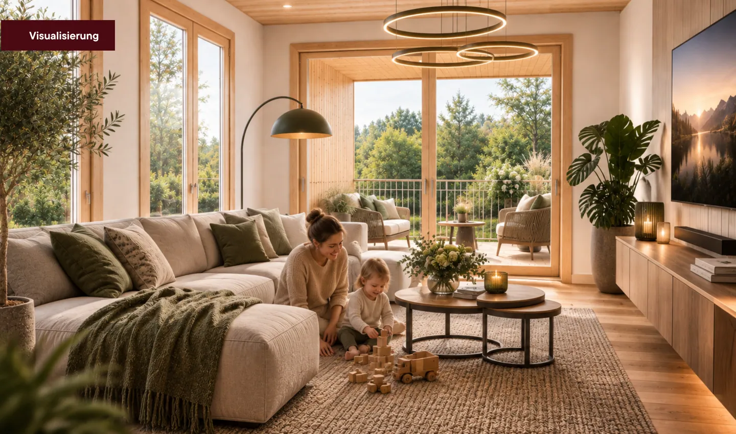 Wohnzimmer mit Balkontür, Visualisierung der Wohnung Ahorn