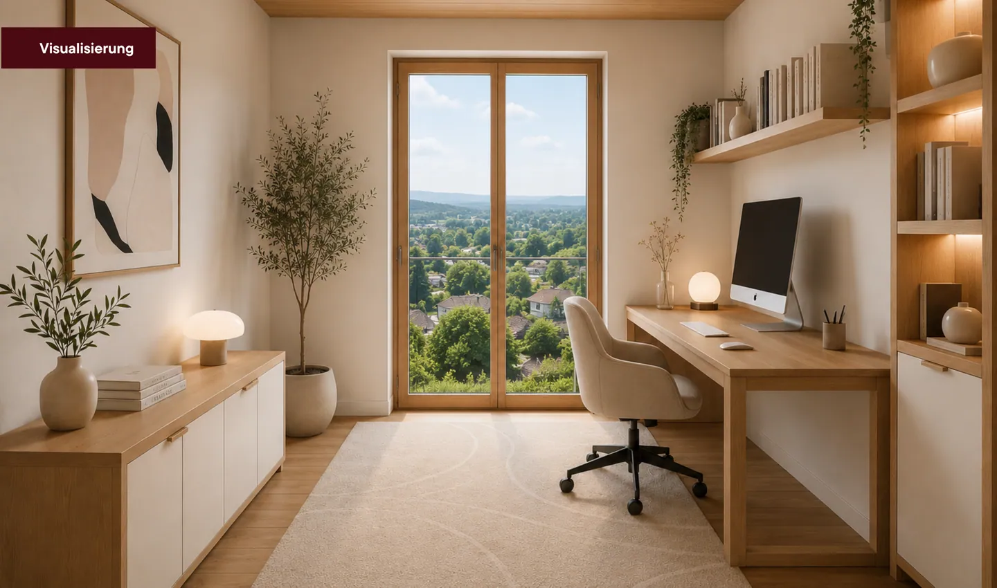 Arbeitsplatz am Fenster mit Weitblick, Visualisierung