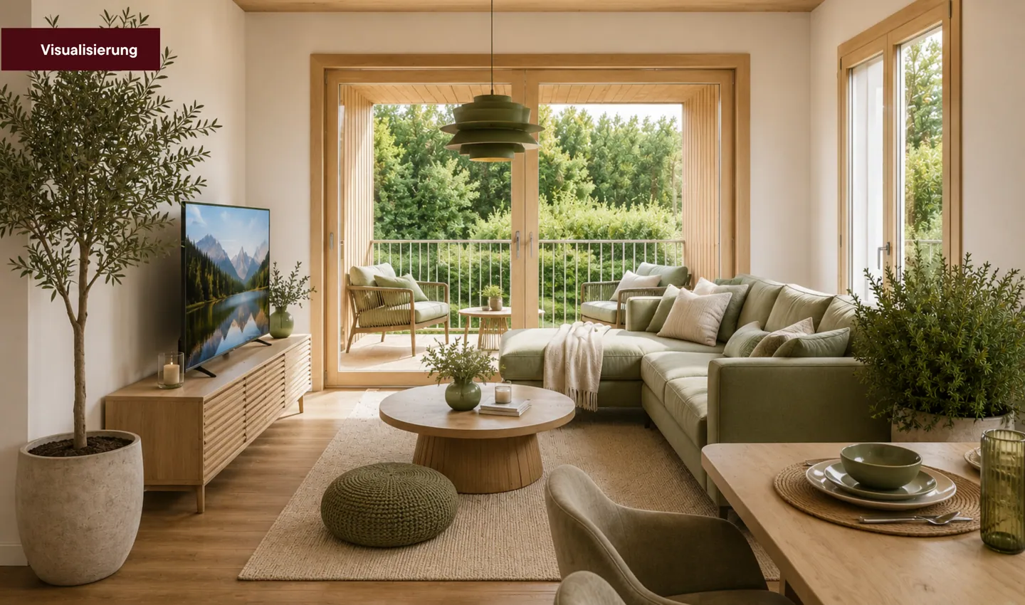 Wohnzimmer im Obergeschoss mit Balkontür und Weitblick, Visualisierung