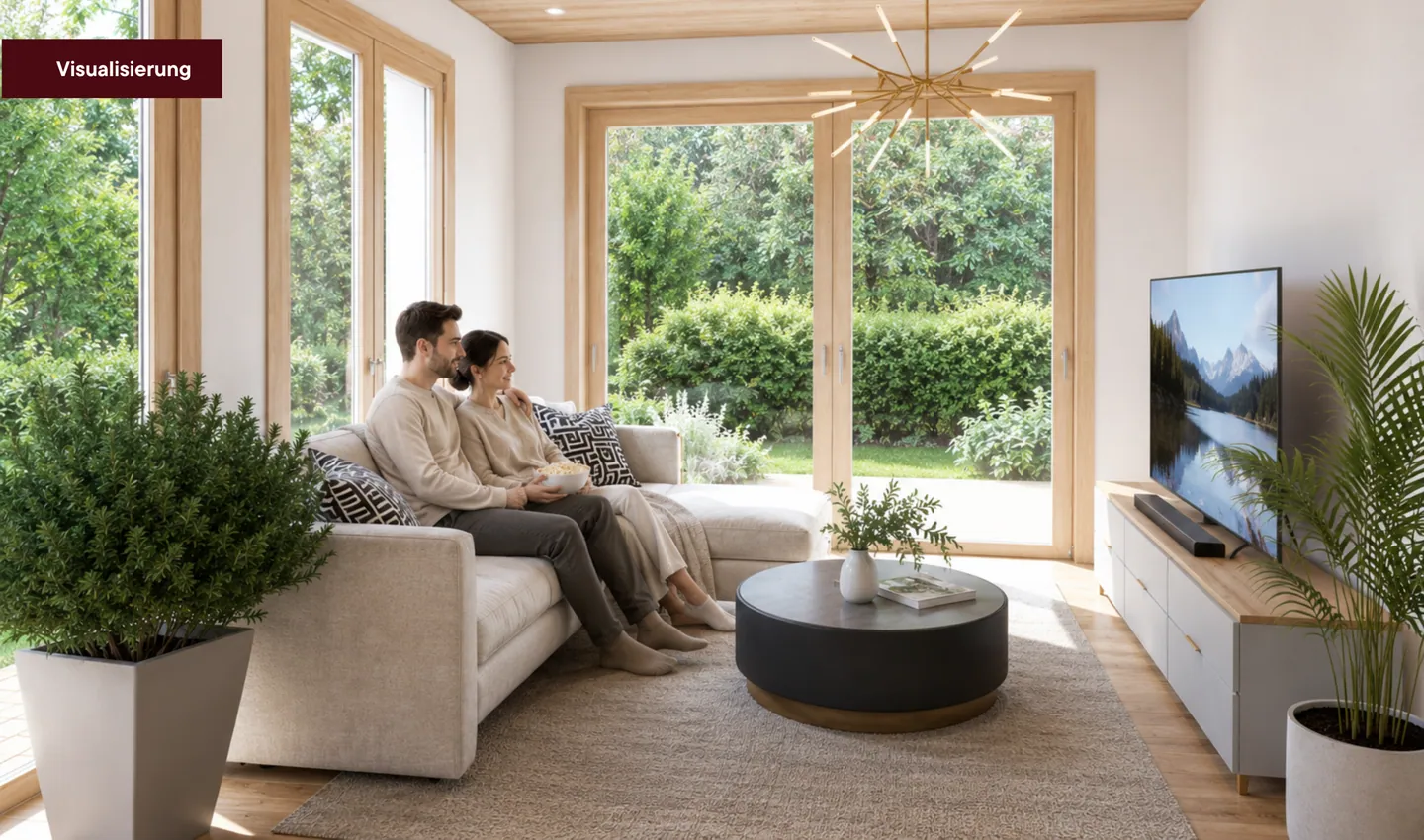 Wohnzimmer mit Blick in den Garten, Visualisierung