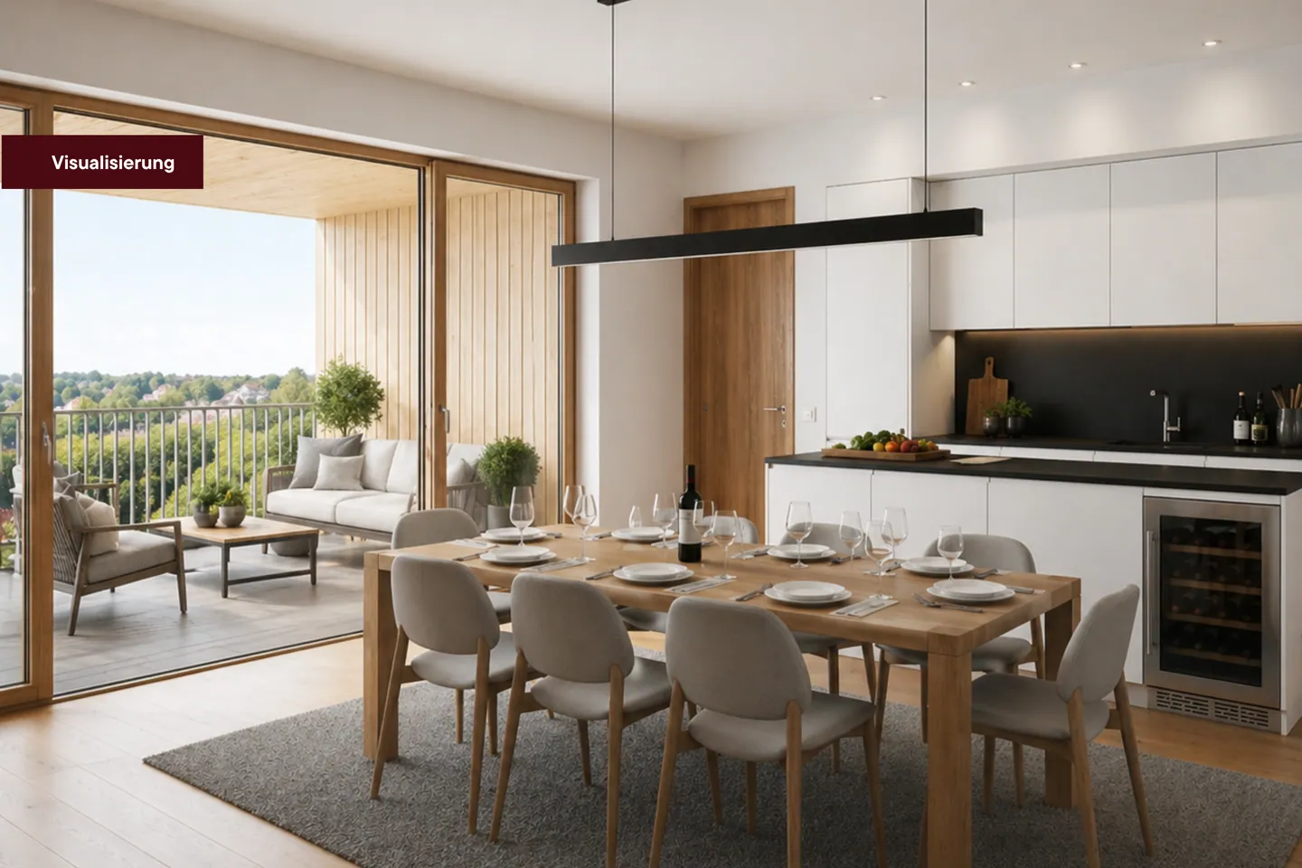 Küche mit offener Schiebetür zur Loggia, Visualisierung der Wohnung Lärche