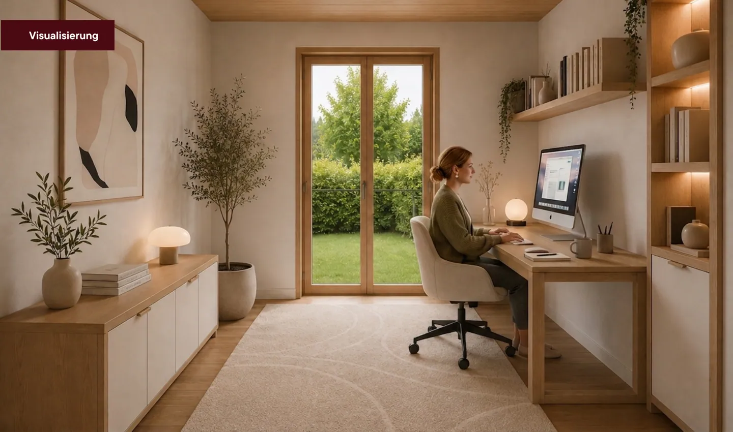 Arbeitsplatz mit Blick in den Garten, Visualisierung