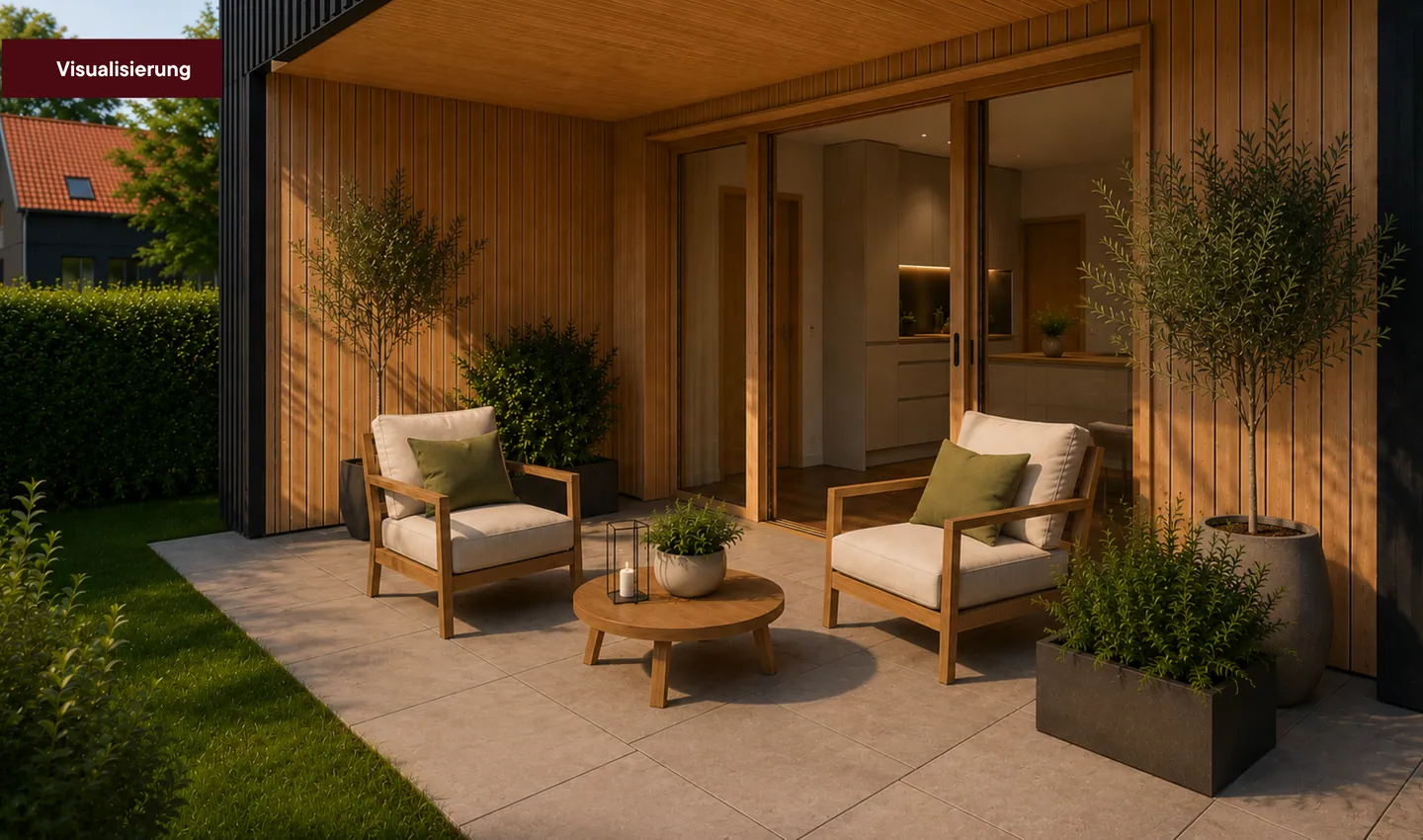 Gedeckter Sitzplatz im Garten, Visualisierung der Wohnung Linde