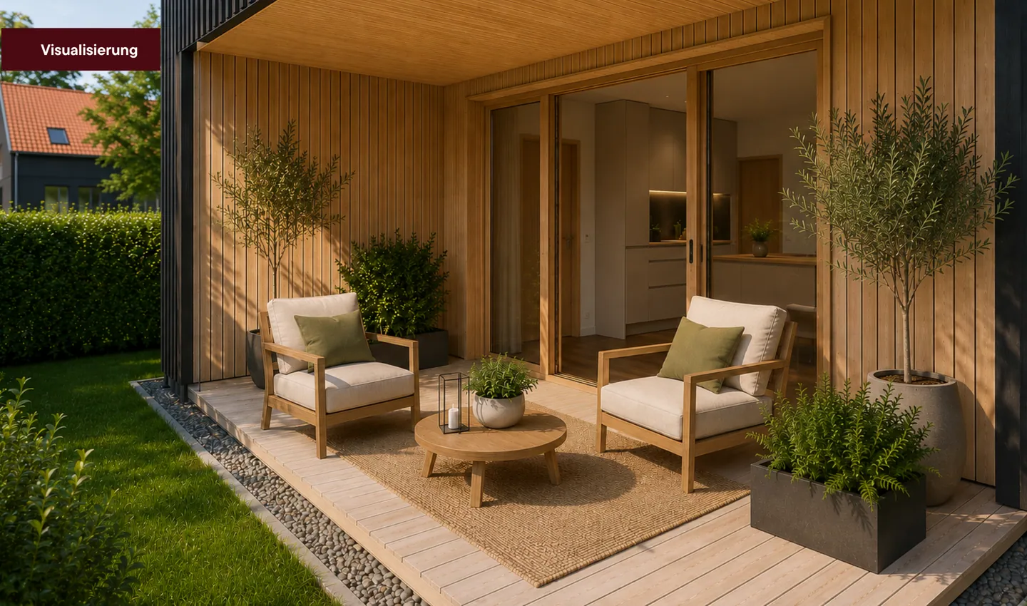 Sitzplatz am Übergang zum Gemeinschaftsgarten, Visualisierung
